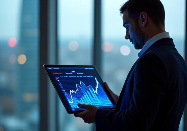 Executive holding a tablet showing growth charts